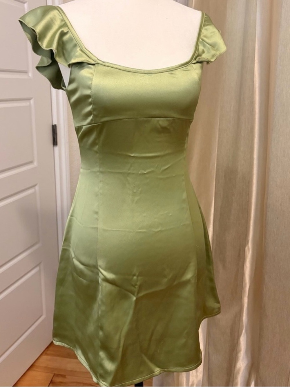Satin Scoop Neck Ruffle Sleeve Dress in Sage Green